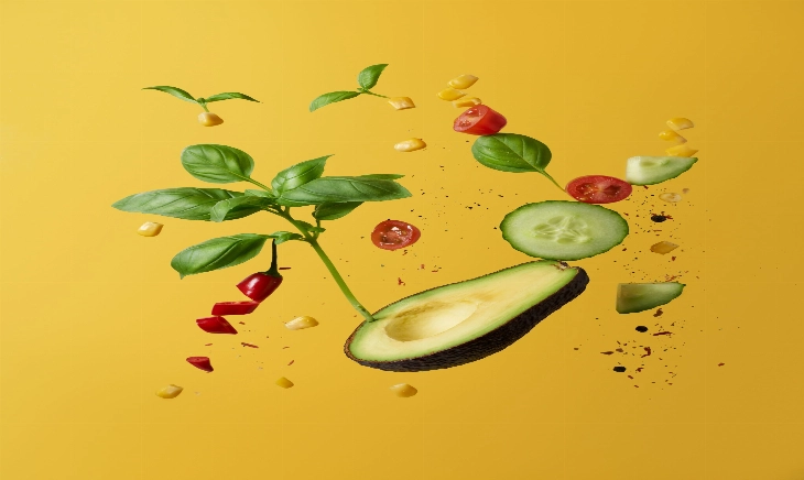 Un aguacate sobre un fondo amarillo y algunos vegetales